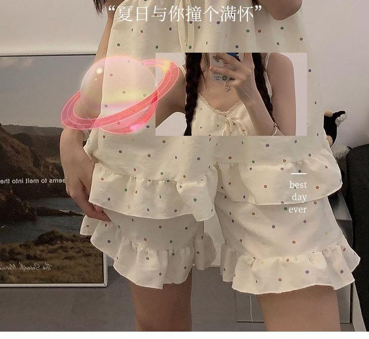 Pajama Set: Lace Trim Dotted Camisole Top + Shorts Product Image