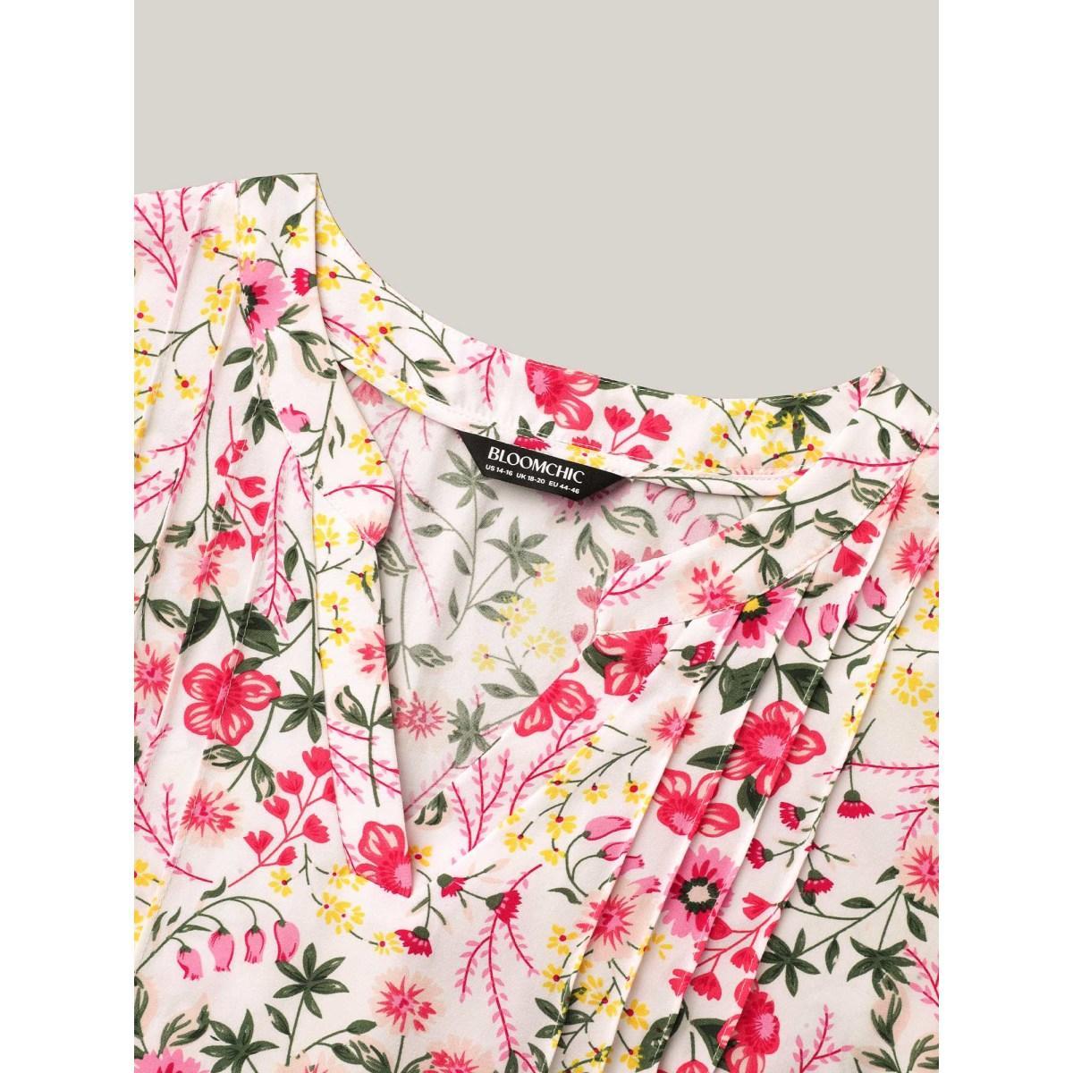 Plus Size LightBlue Floral Print Notched Collar Shirt Women Elegant Elbow-length sleeve Notched collar Everyday Blouses BloomChic 12/L Product Image