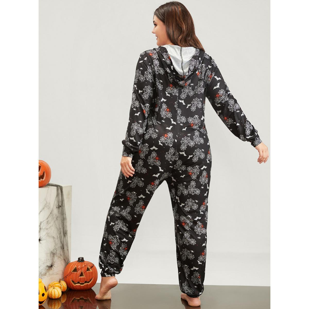 Plus Size Halloween Print Pocket Zip Up Jumpsuit Women Black Elegant Graphic-Halloween Zipper Hooded Pocket Loungewear BloomChic 22-24/3X Product Image