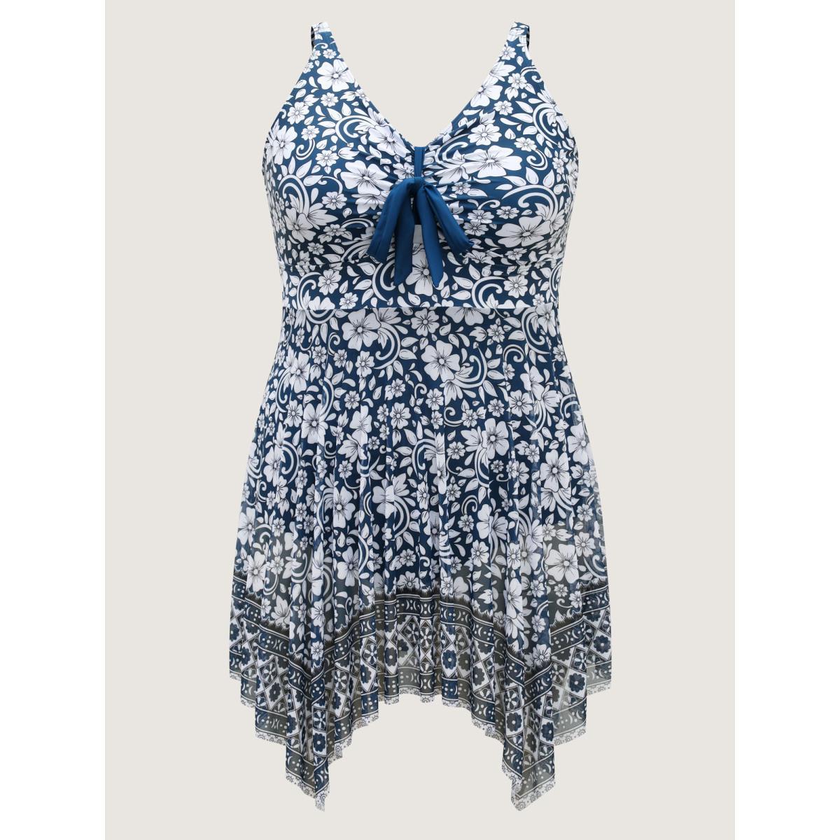 Plus Size Floral Handkerchief Hem Flowy Swim Dress Women's Swimwear Aegean Beach Bodycon V-neck High stretch Curve Swim Dresses BloomChic 28/5X Product Image