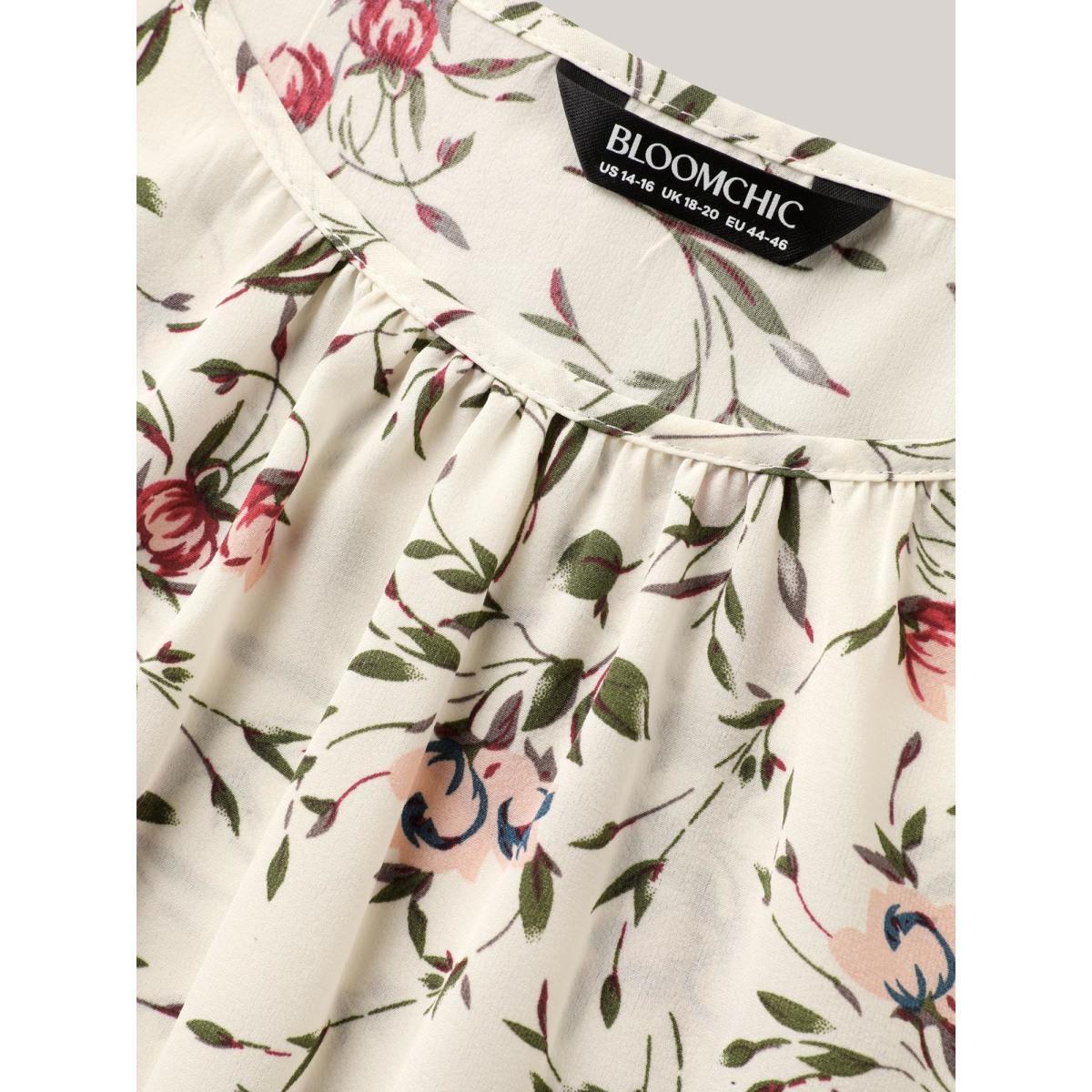 Plus Size Ivory Floral Print Petal Sleeve Pleated Blouse Women Elegant Elbow-length sleeve Round Neck Everyday Blouses BloomChic 30/6X Product Image