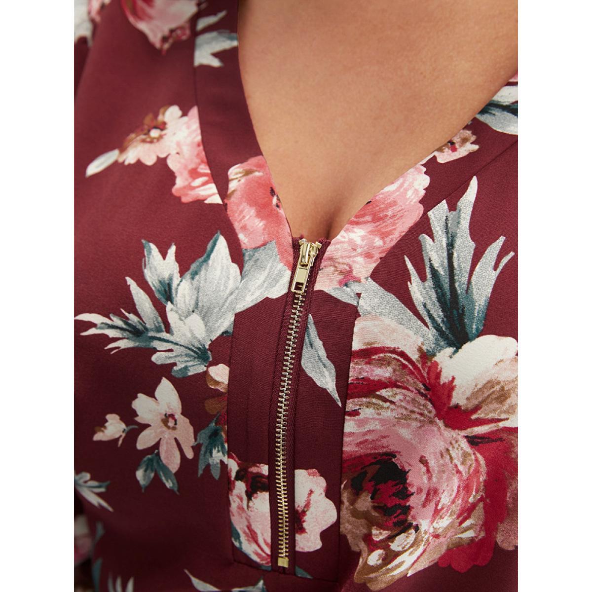 Plus Size Burgundy Floral Lantern Sleeve Zipper V Neck Blouse Women Elegant Long Sleeve V-neck Dailywear Blouses BloomChic 26/4X Product Image