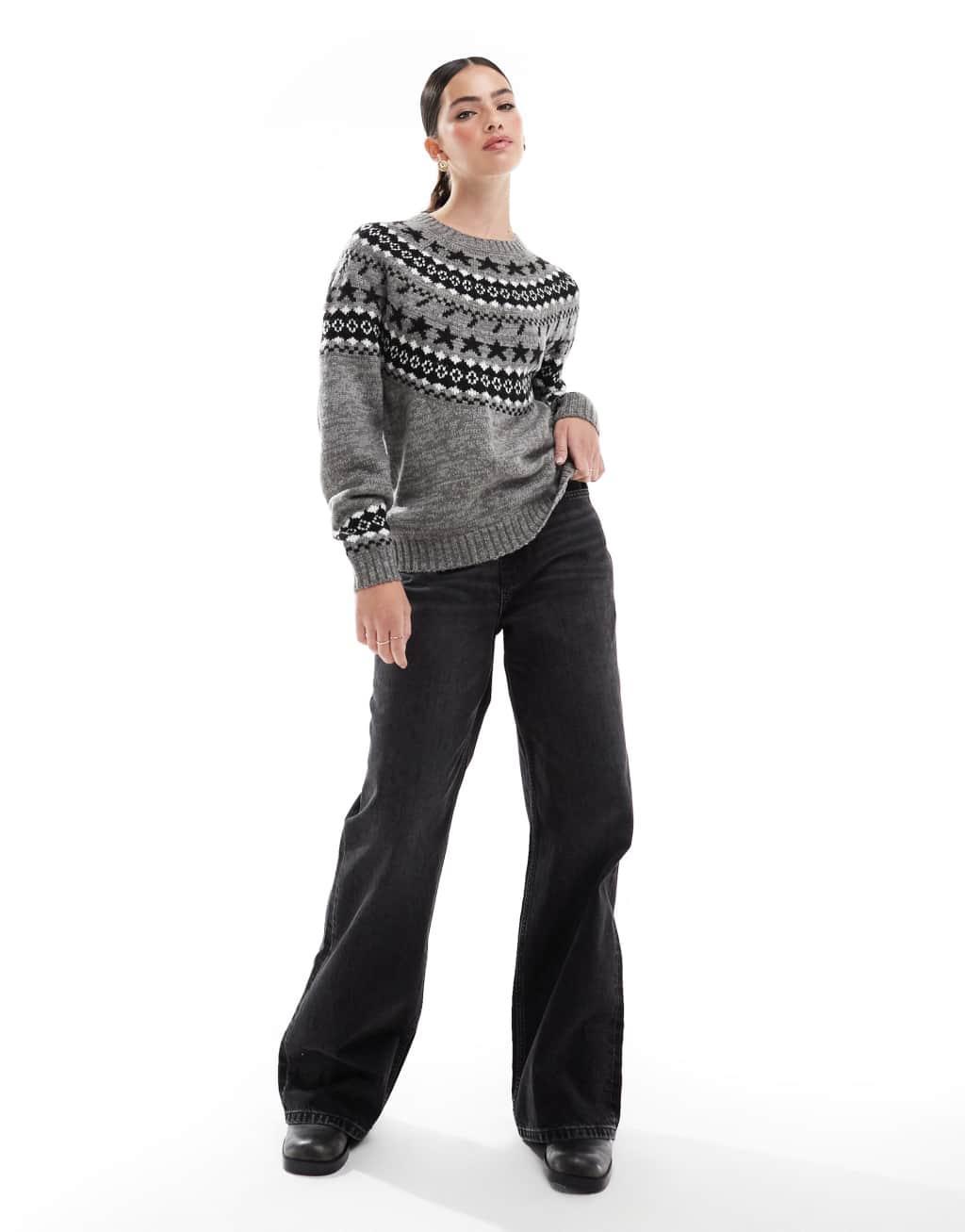 Threadbare crew neck patterned sweater in gray and black Product Image