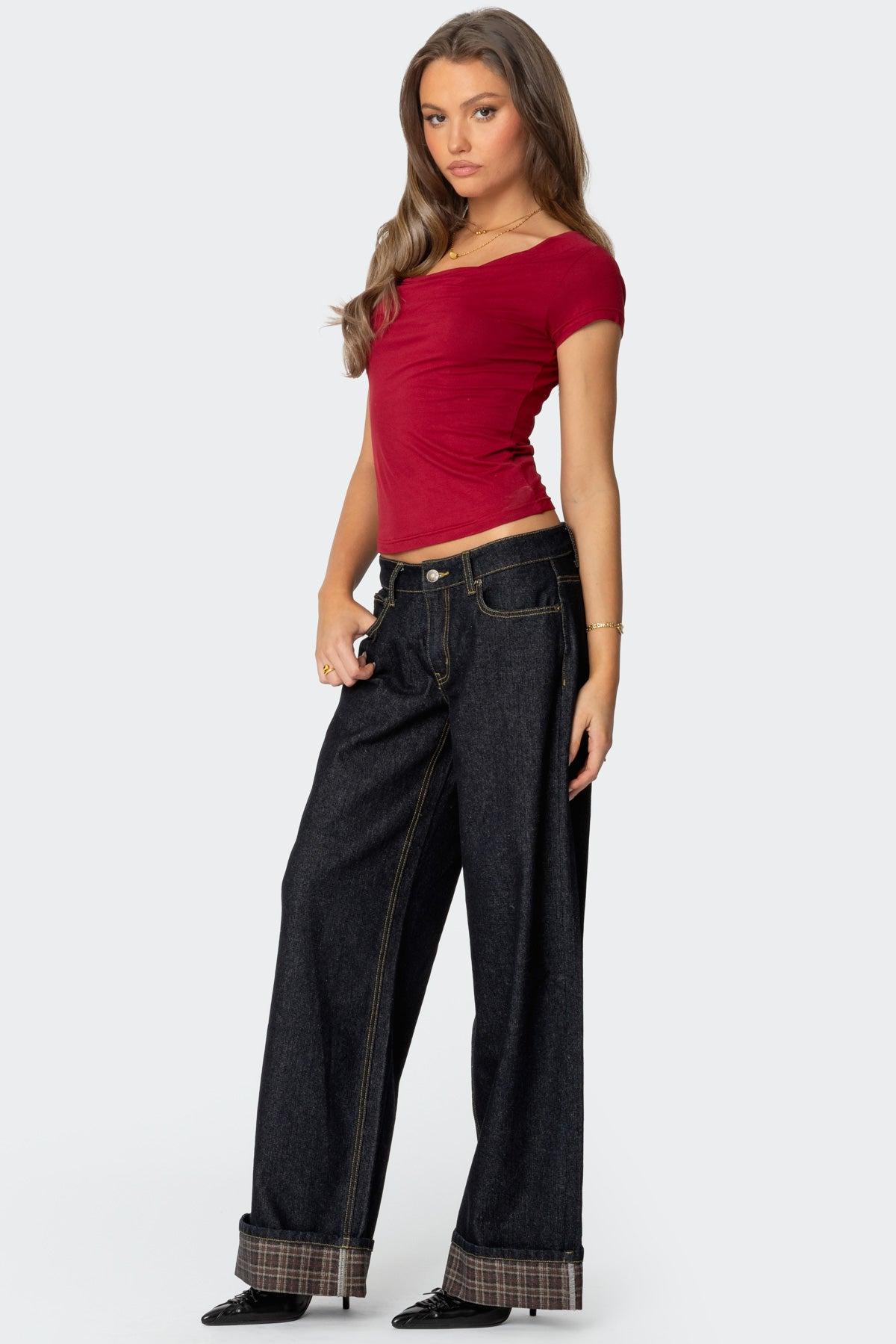 Plaid Cuffed Low Rise Jeans Product Image