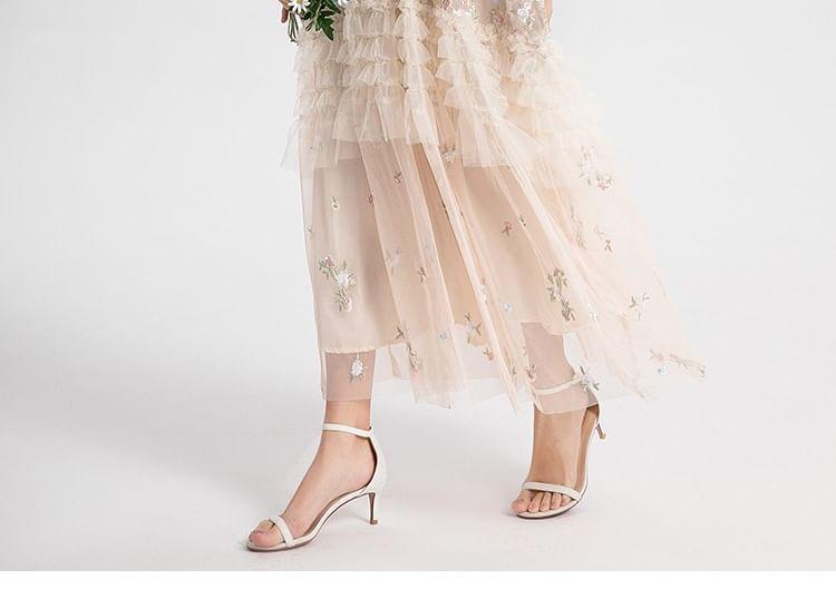 Long Sleeve Round Neck Floral Embroidered Frill Mesh Maxi A-Line Dress Product Image