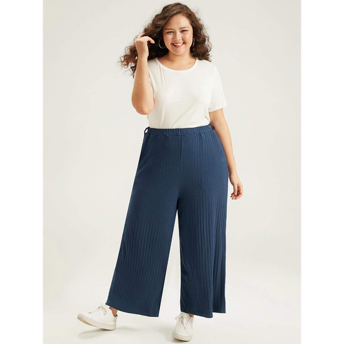 Plain Textured Wide Leg Sweatpants Indigo Plus Size Women Casual Dailywear Texture 18-20/2X Bloomchic Product Image