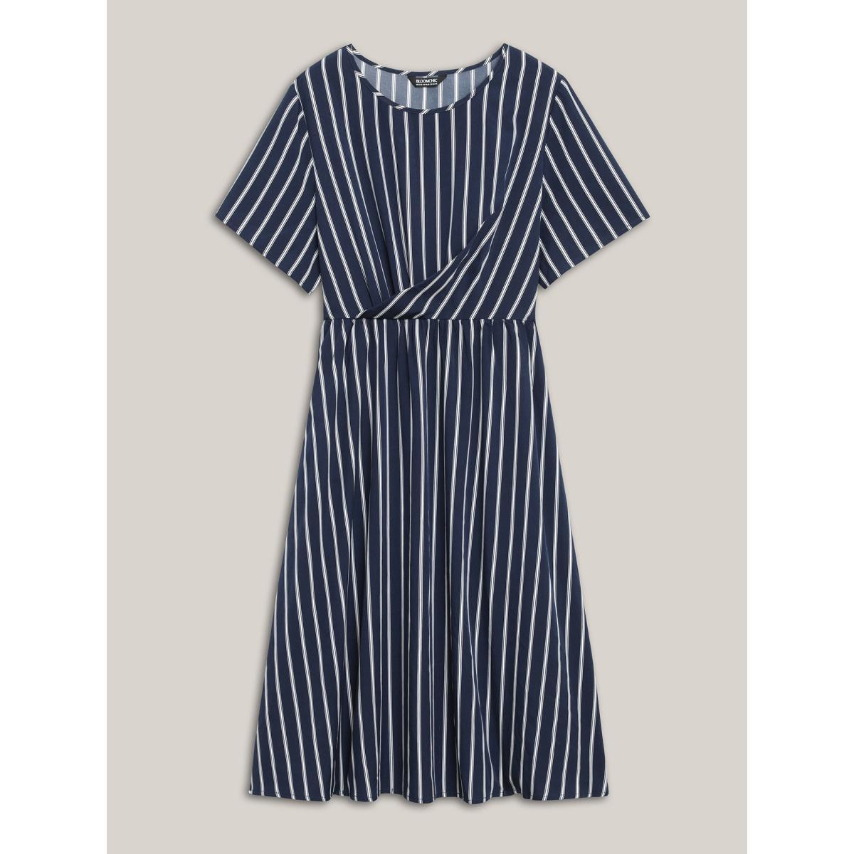 Plus Size Striped Stretchy Waist Defining Pockets Dress Indigo Women At the Office Pleated Round Neck Short sleeve Curvy BloomChic 26/4X Product Image