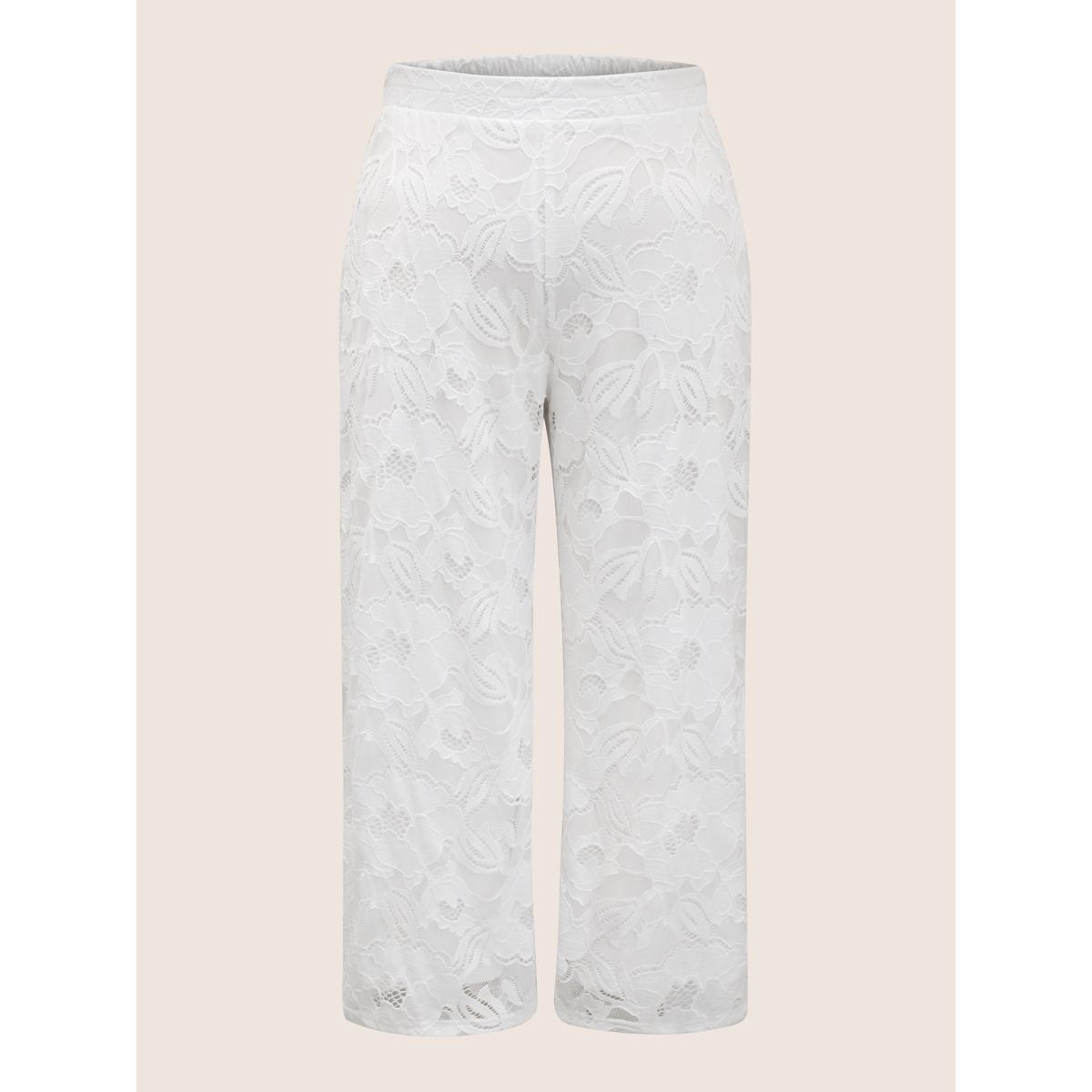 Plus Size Crochet Lace Mesh Wide Leg Pants Women WhiteSmoke Resort Wide Leg Mid Rise Vacation Pants BloomChic 22-24/3X Product Image