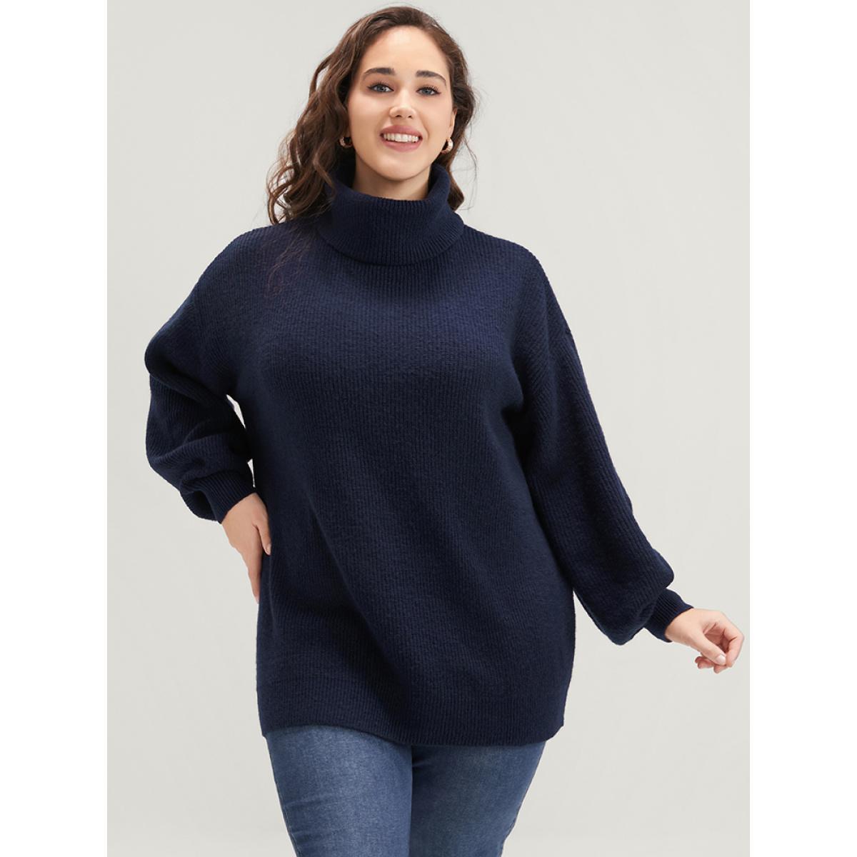 Plus Size Solid Rib Knit Lantern Sleeve Funnel Neck Sweater Midnight Women Elegant Loose Long Sleeve Turtleneck Dailywear Pullovers BloomChic 22-24/3X Product Image