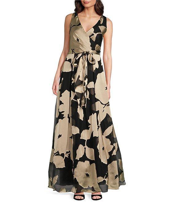 Donna Karan Satin Burnout V-Neck Sleeveless Tie Sash Ball Gown Product Image