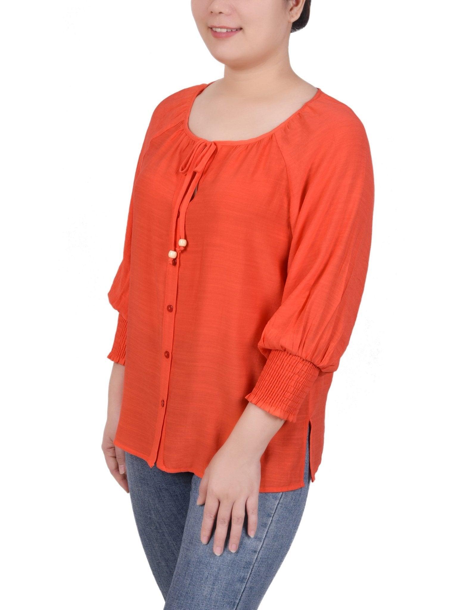 3/4 Length Sleeve Button Front Blouse - Petite Product Image