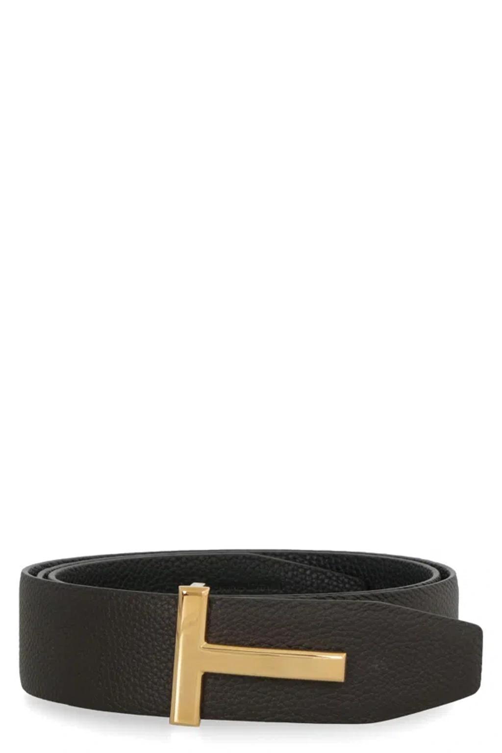 TOM FORD T Grainy Leather Belt In Brown Black Gold T Product Image