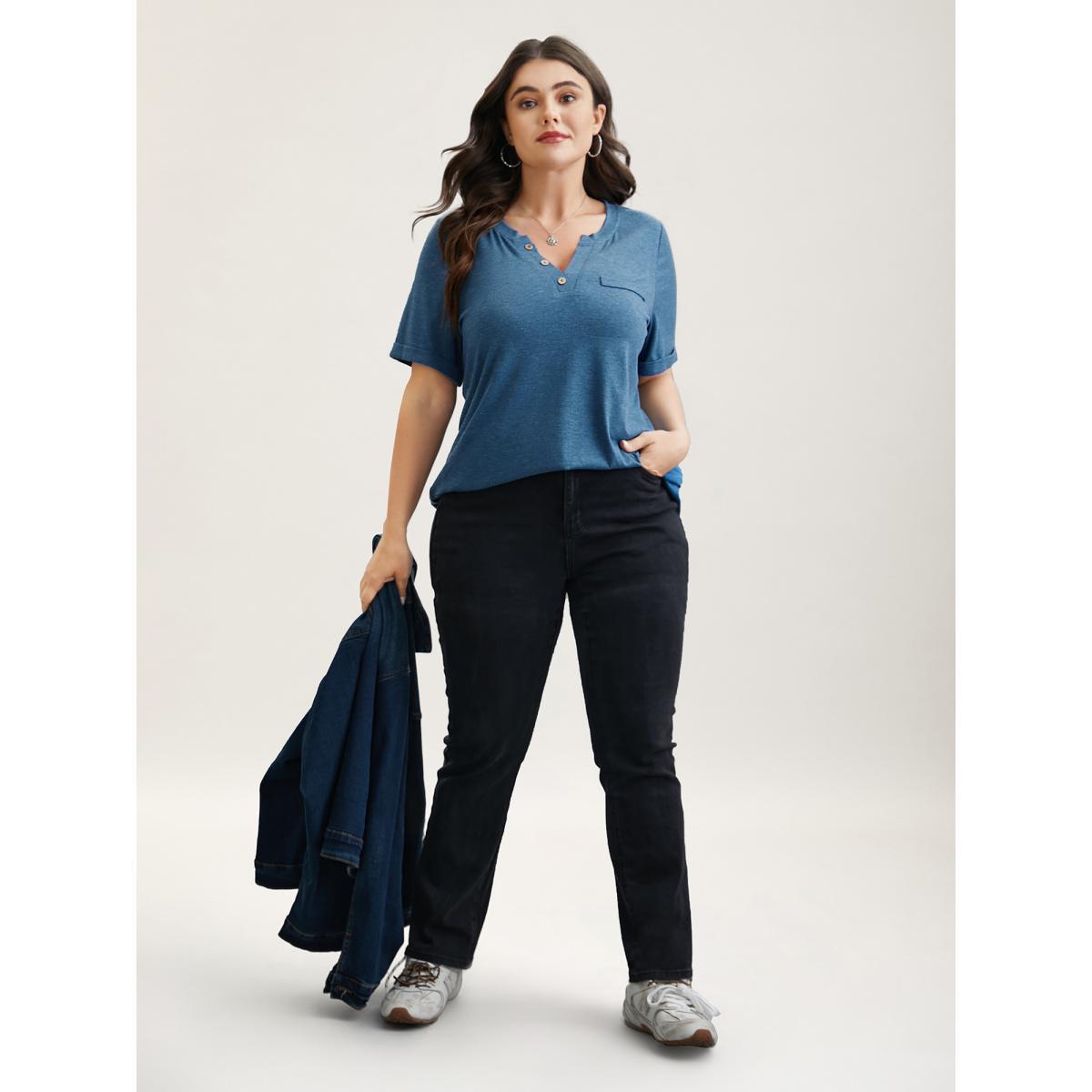 Plus Size Button-Front Half Sleeve Fitted T-Shirt Cerulean Women Casual Roll Hem Notched collar Everyday T-shirts BloomChic 14-16/1X Product Image
