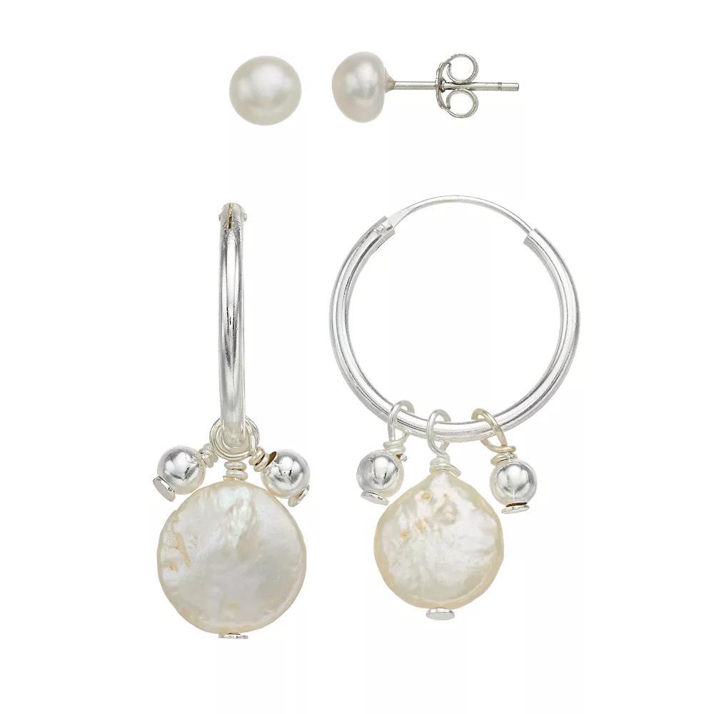 Aleure Precioso Sterling Silver Cultured Freshwater Pearl Drop Hoop & Stud Earring Set, Women's Product Image