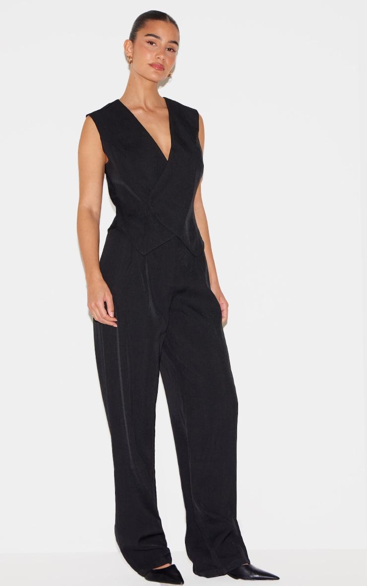 Black Woven Asymmetric Detail Vest Straight Leg Jumpsuit Product Image