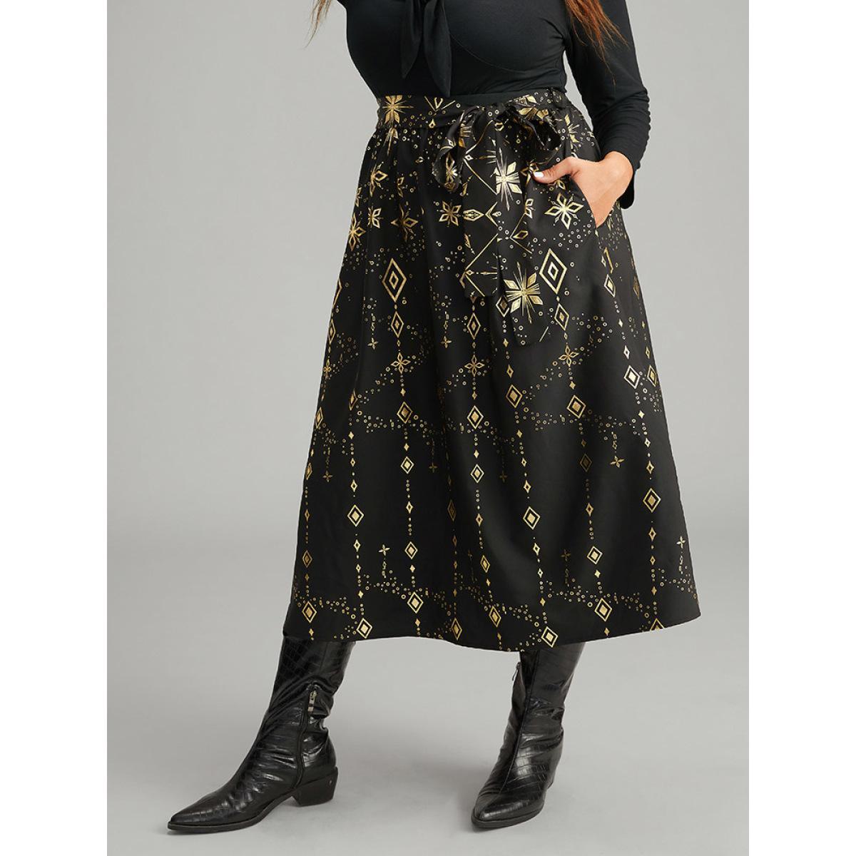 Plus Size Halloween Glitter Geometric Belted Pocket Skirt Women Black Elegant A-line No stretch Pocket Belt Festival-Halloween Skirts BloomChic 18-20/2X Product Image