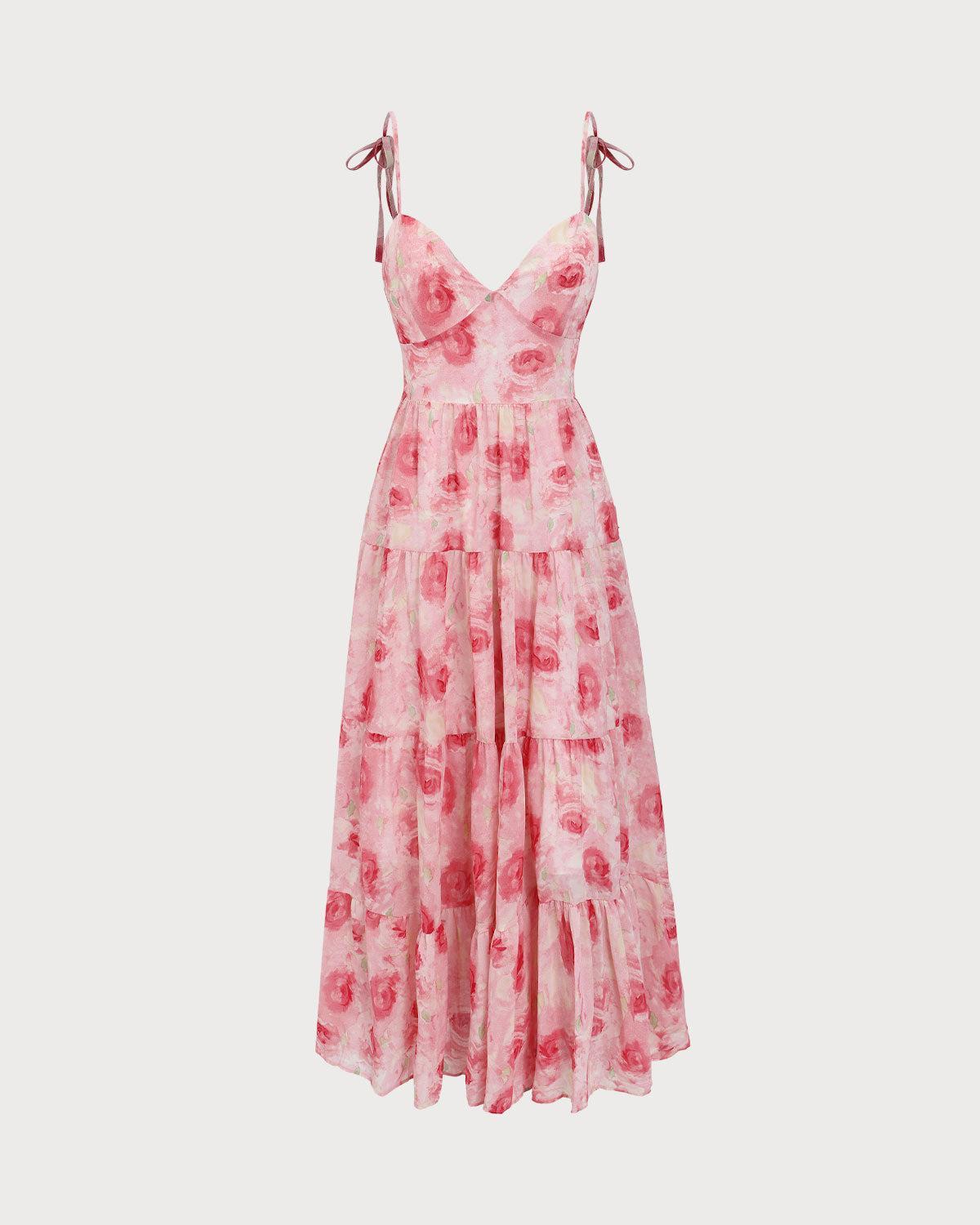 Pink Floral Tie Strap Midi Dress Product Image
