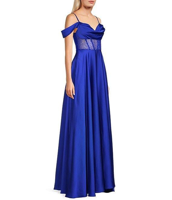 B. Darlin Satin Stone Detail Spaghetti Strap Off-Shoulder Bubble Skirt Dress Product Image