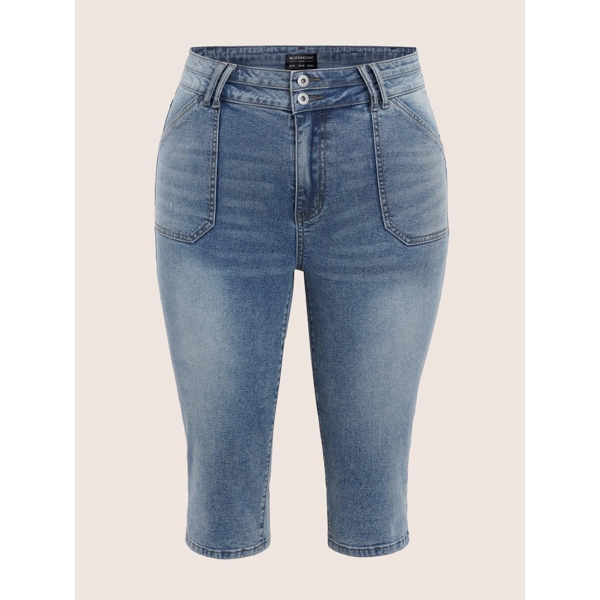 Plus Size Light Wash Slit Hem Pull On Jegging Jeans Women Blue Casual Plain Button High stretch Slanted pocket Jeans BloomChic 16/1X Product Image