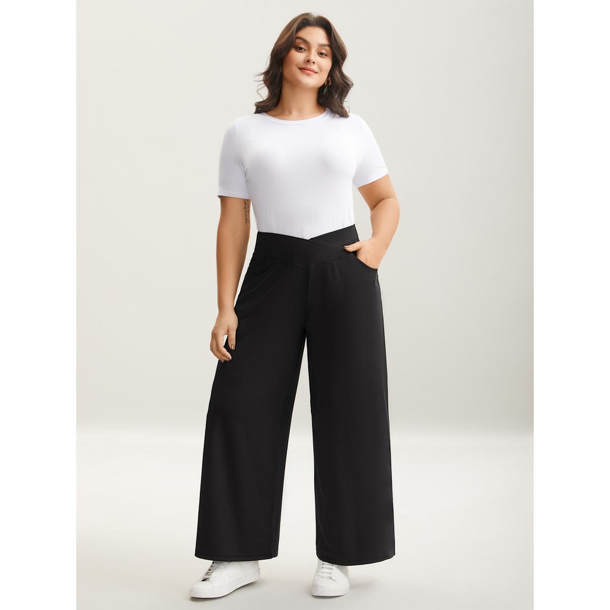 Plus Size Crossover Waist Very Stretchy Wide-Leg Pants Women Black Elegant Bodycon Mid Rise Everyday-Elegant Pants BloomChic 30/6X Product Image
