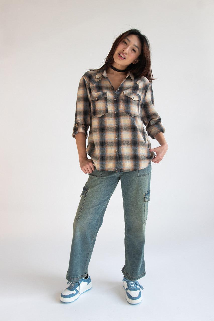 Roll Sleeve Western Style Flannel Shirt Product Image