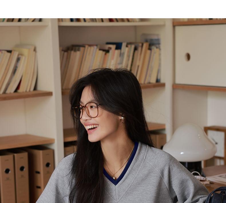 V-Neck Mock Two-Piece Contrast Trim Sweatshirt Product Image