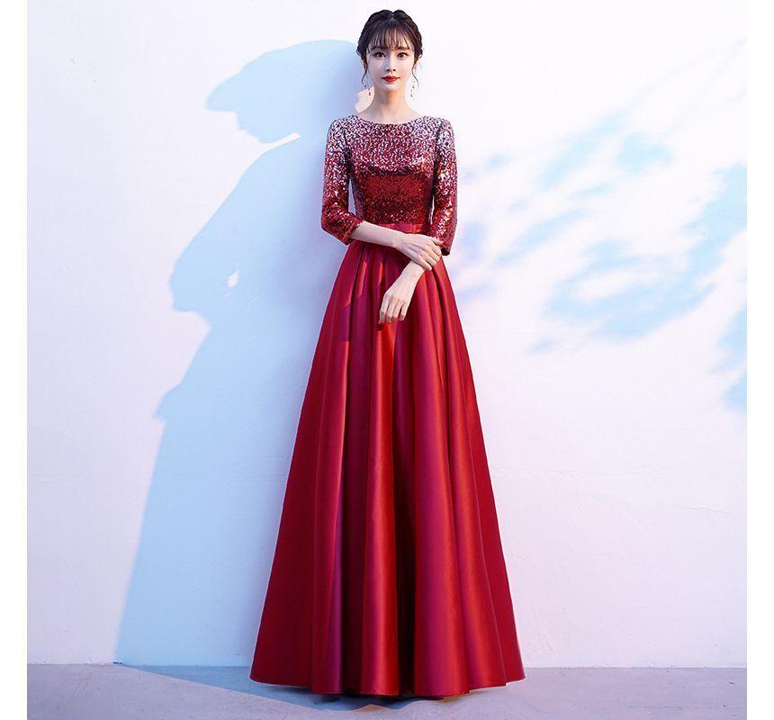 3/4-Sleeve Round Neck Plain Sequin Satin A-Line Evening Gown Product Image