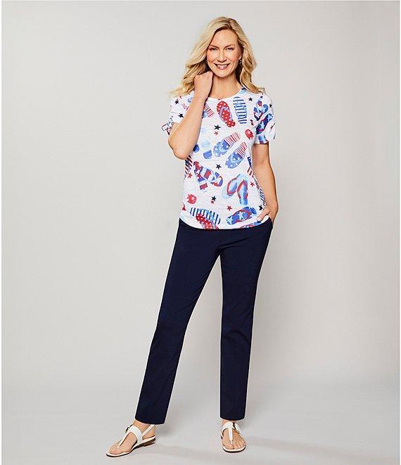 Allison Daley Flip Flops Stars And Stripe Print Short Ruched Tie Sleeve Crew Neck Knit Top Product Image