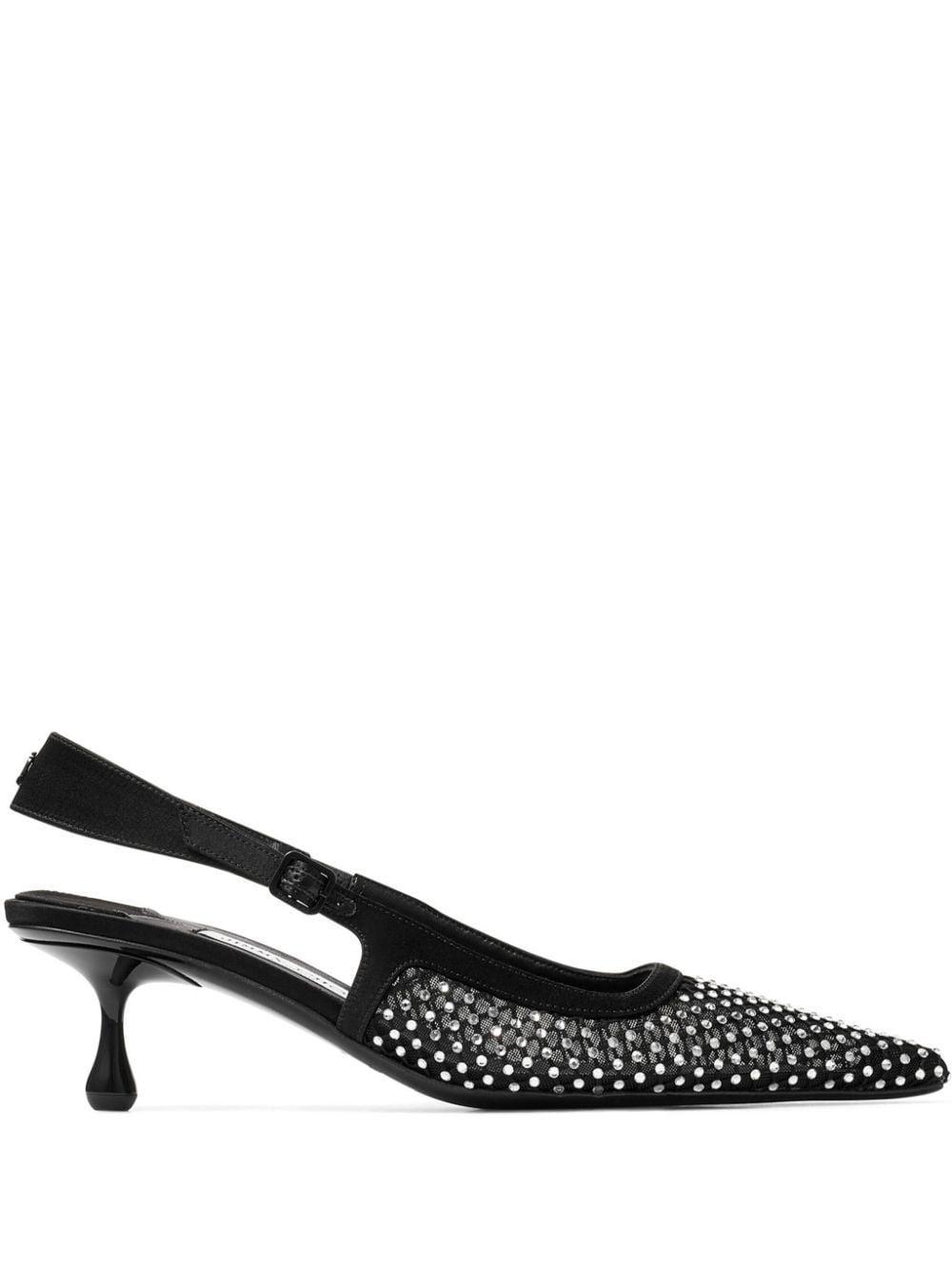 JIMMY CHOO Amel 50 Crystal-embellished Mesh And Satin Pointed-toe Slingback Pumps In Black Product Image