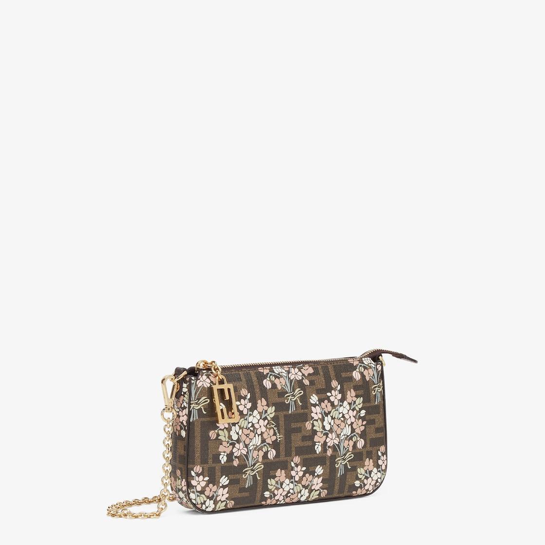 Baguette PouchFendi Flower Bouquet brown FF fabric pouch with chain Product Image