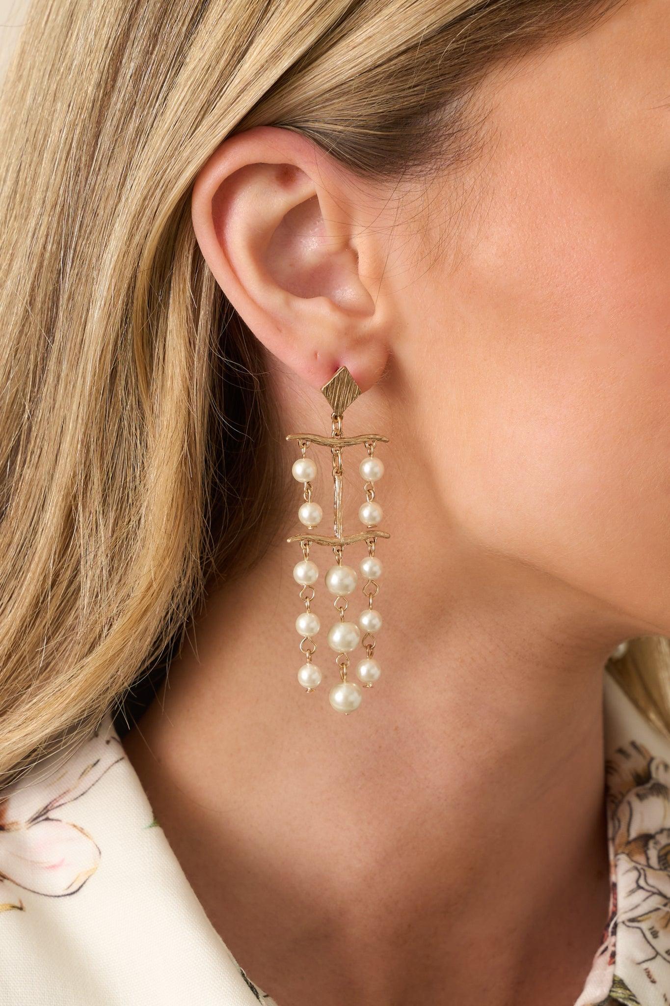 Ending On A High Note Gold Ivory Pearl Chandelier Drop Earrings Product Image