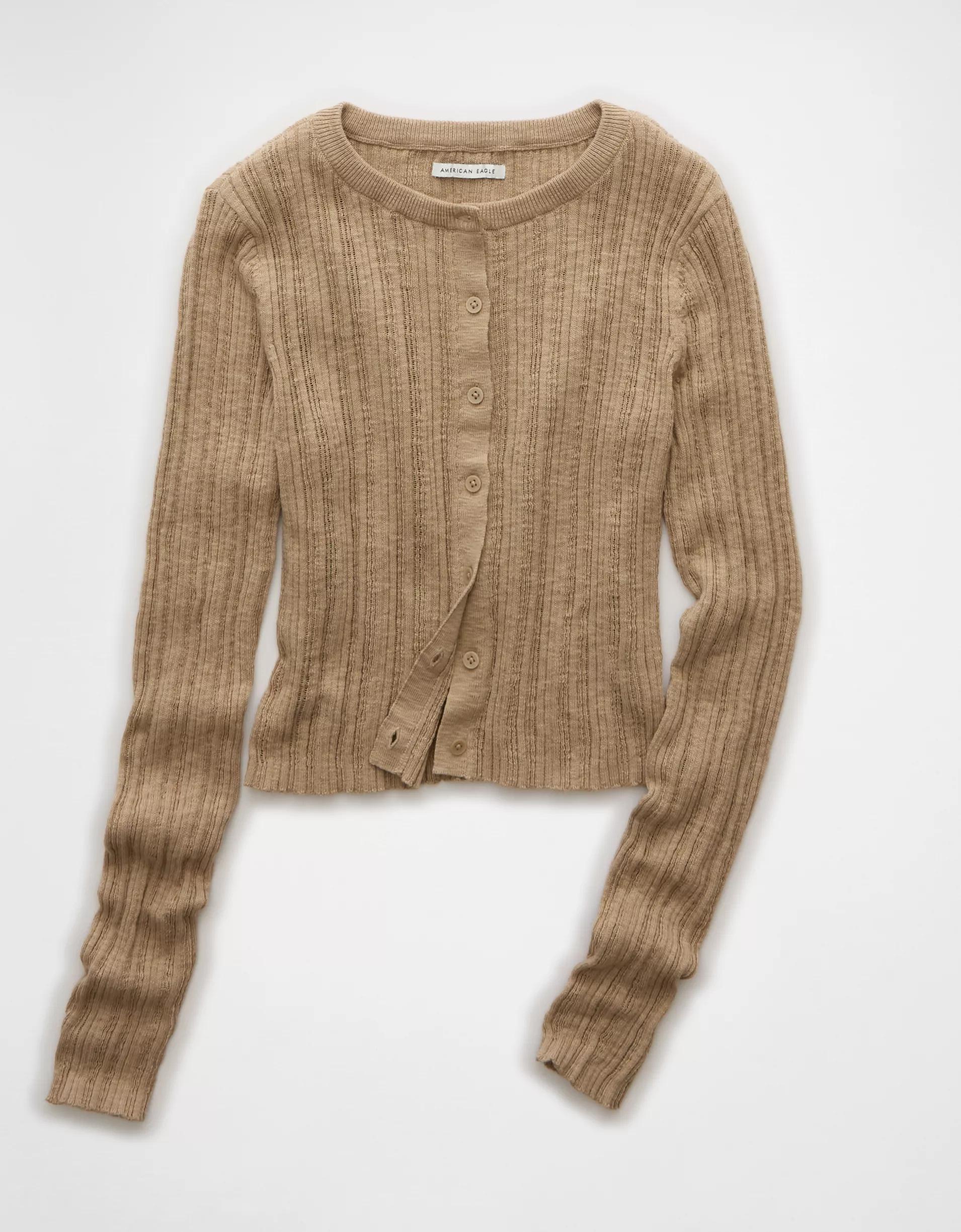 AE Ribbed Crew Neck Cardigan Product Image