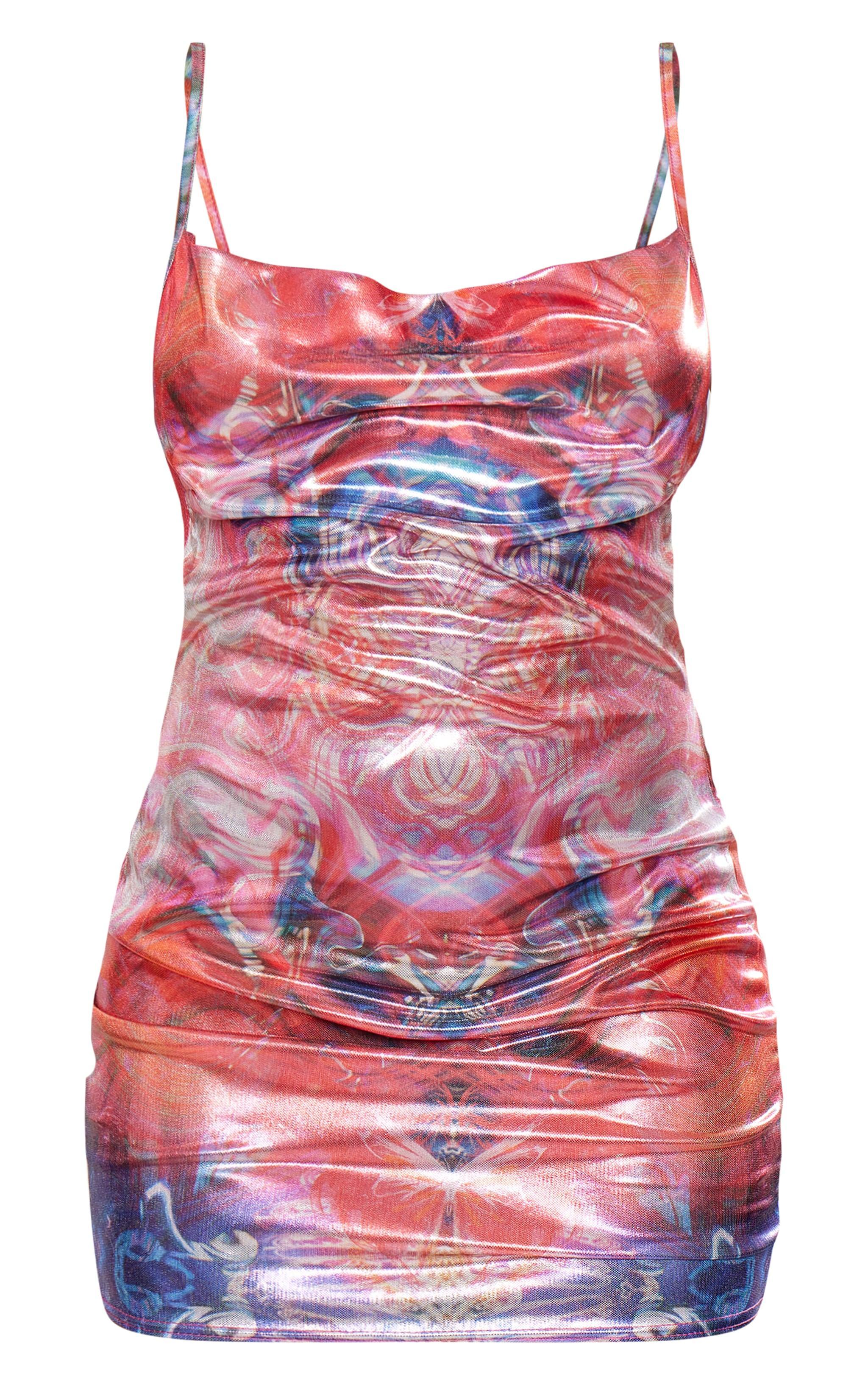 Aqua Blue Printed Metallic Cowl Neck Shift Dress Product Image