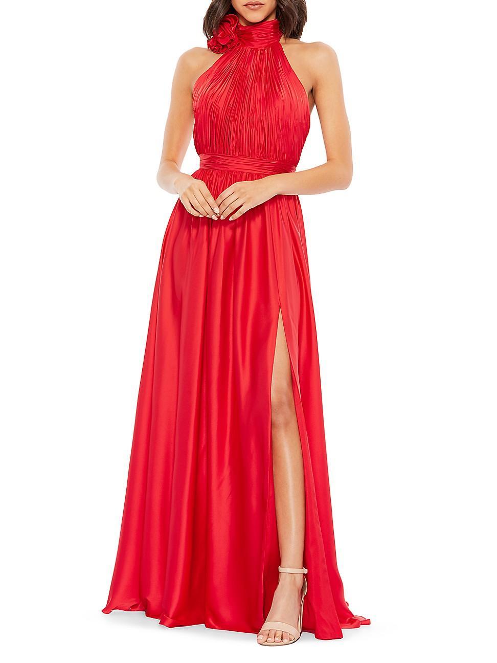 Mac Duggal Turtleneck Sleeveless Lined Thigh High Slit A-Line Open Back Detail Gown Product Image