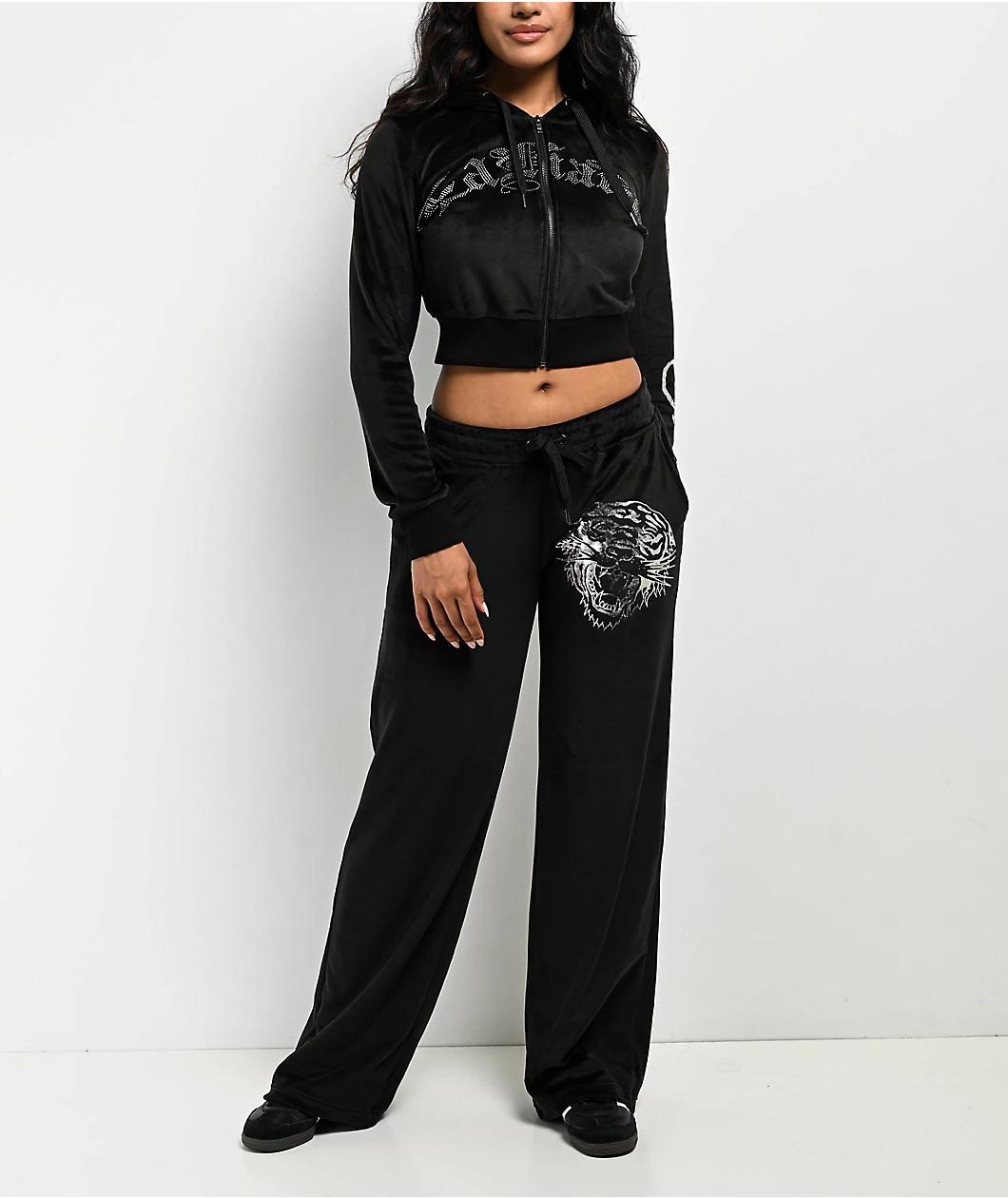 Ed Hardy Tiger Head Black Velour Crop Zip Hoodie Product Image