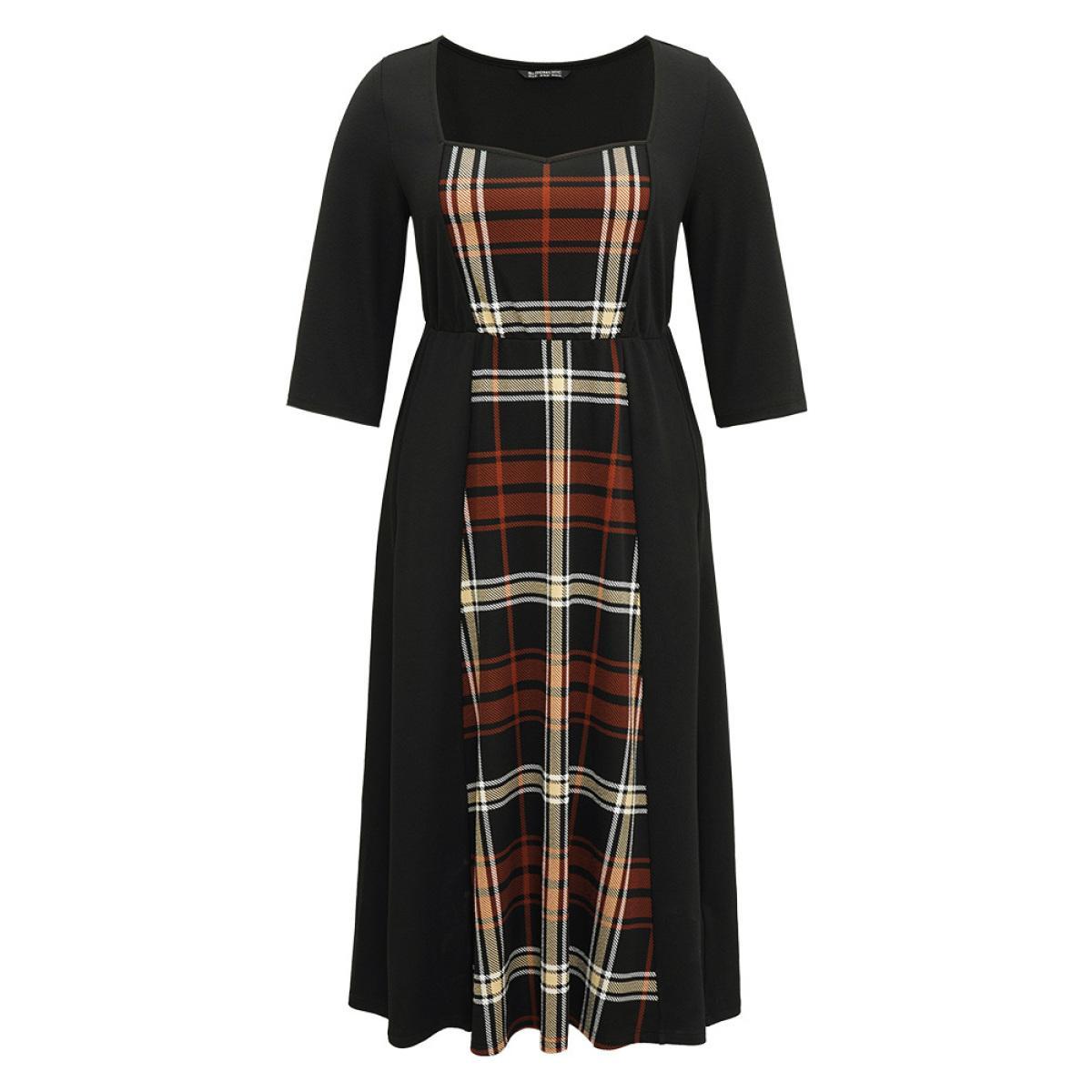 Plus Size Plaid Patchwork Contrast Square Neck Dress Black Women Casual Printed Square Neck Elbow-length sleeve Curvy Midi Dress BloomChic 12/L Product Image
