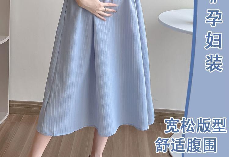 Maternity Short Sleeve Collared Two Tone Bowknot Midi A-Line Dress Product Image