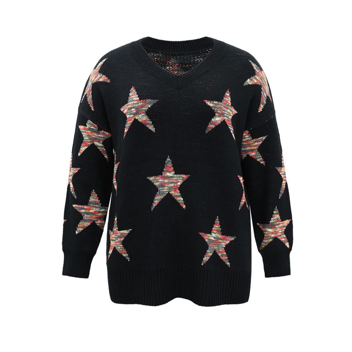 Plus Size Star Heather Elastic Cuffs Pullover Black Women Casual Loose Long Sleeve V-neck Dailywear Pullovers BloomChic 12/L Product Image