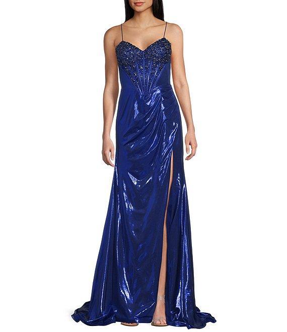 Jovani Metallic Sweetheart Neck Fitted Corset Beaded Bodice Side Slit Dress Product Image