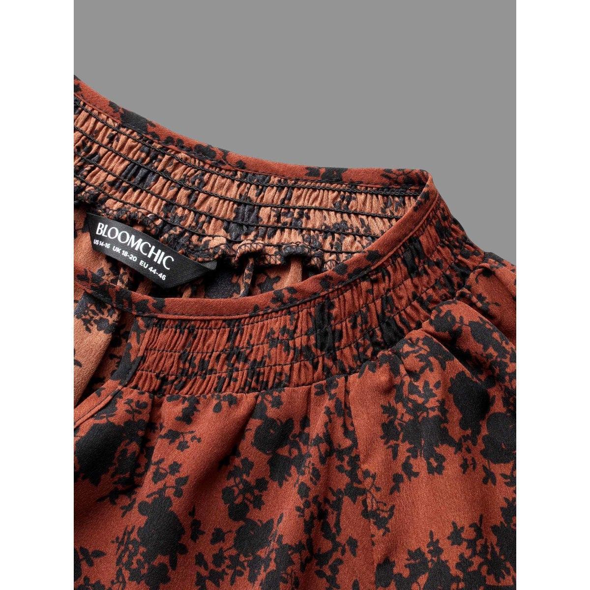 Plus Size Russet Silhouette Floral Print Shirred Gathered Blouse Women Elegant Long Sleeve Wrap collar Everyday Blouses BloomChic 12/L Product Image