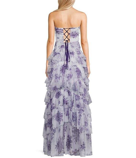Pear Culture Printed Floral Mesh Strapless Corset Tiered Dress Product Image
