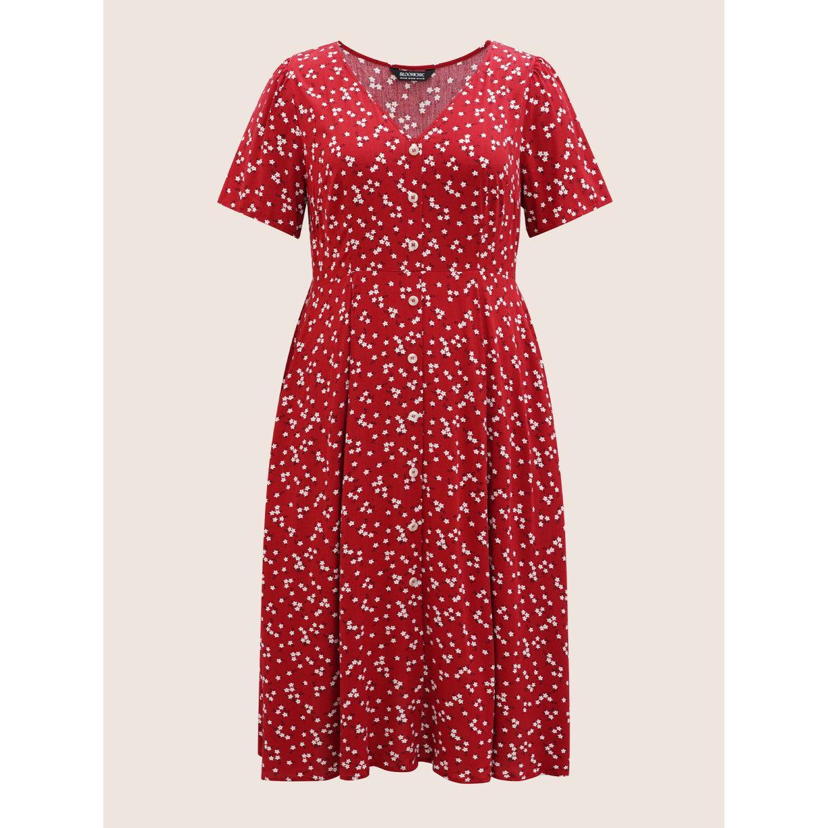Plus Size Ditsy Floral Button Detail Elastic Waist Midi Dress Crimson Women Elegant Gathered V-neck Short sleeve Curvy BloomChic 28/5X Product Image