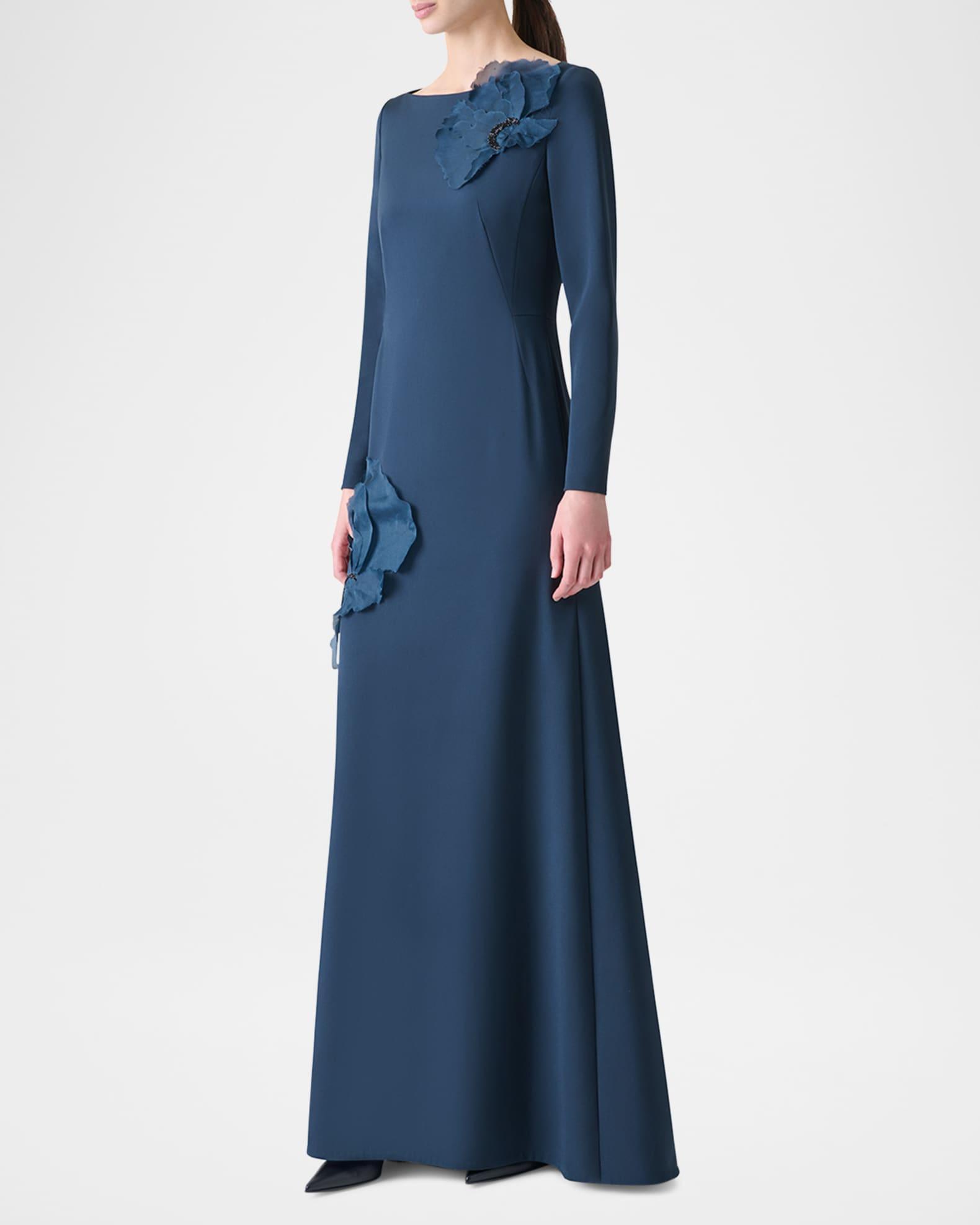 Organza Anemone Corsage Long-Sleeve Crepe Gown Product Image