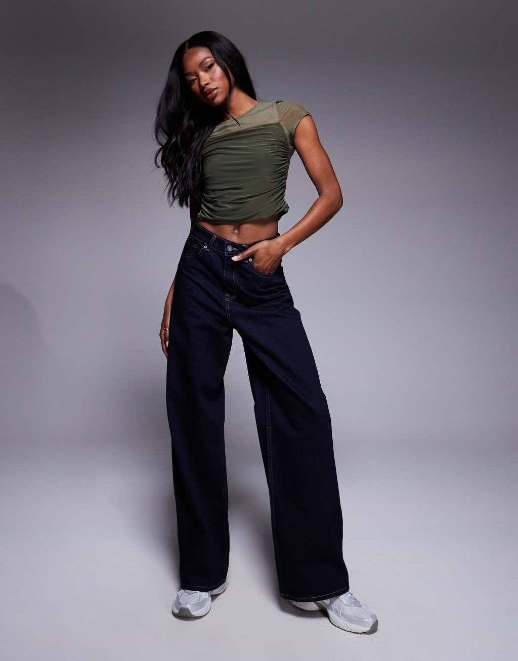 ASOS DESIGN mesh draped front short sleeve top in khaki Product Image