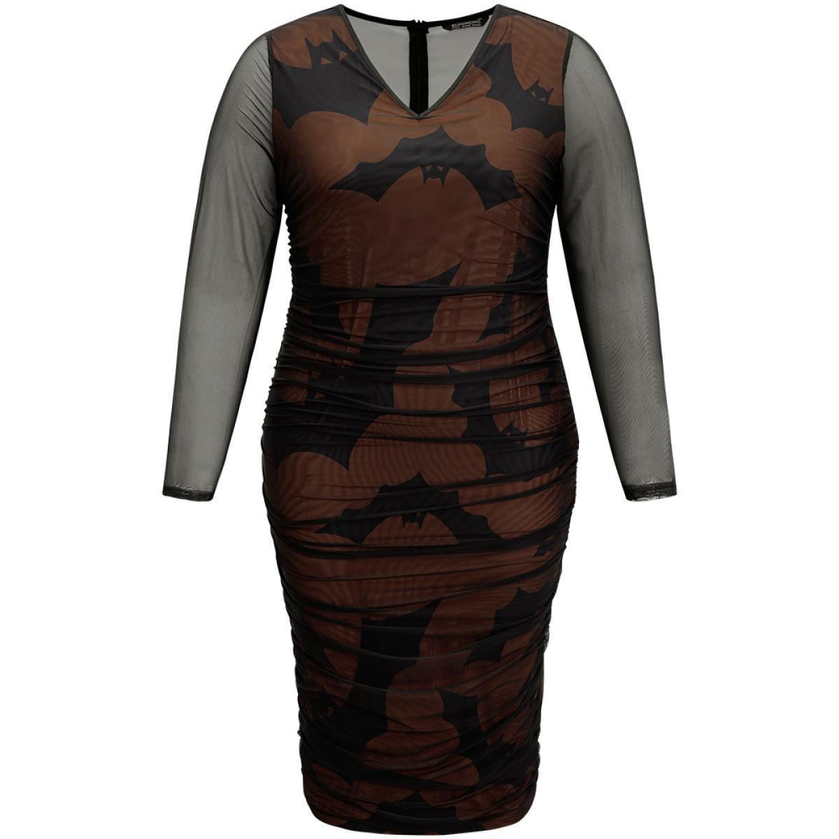 Plus Size Halloween Bat V Neck Mesh Patchwork Dress DarkBrown Women Casual See through V-neck Long Sleeve Curvy Midi Dress BloomChic 28/5X Product Image