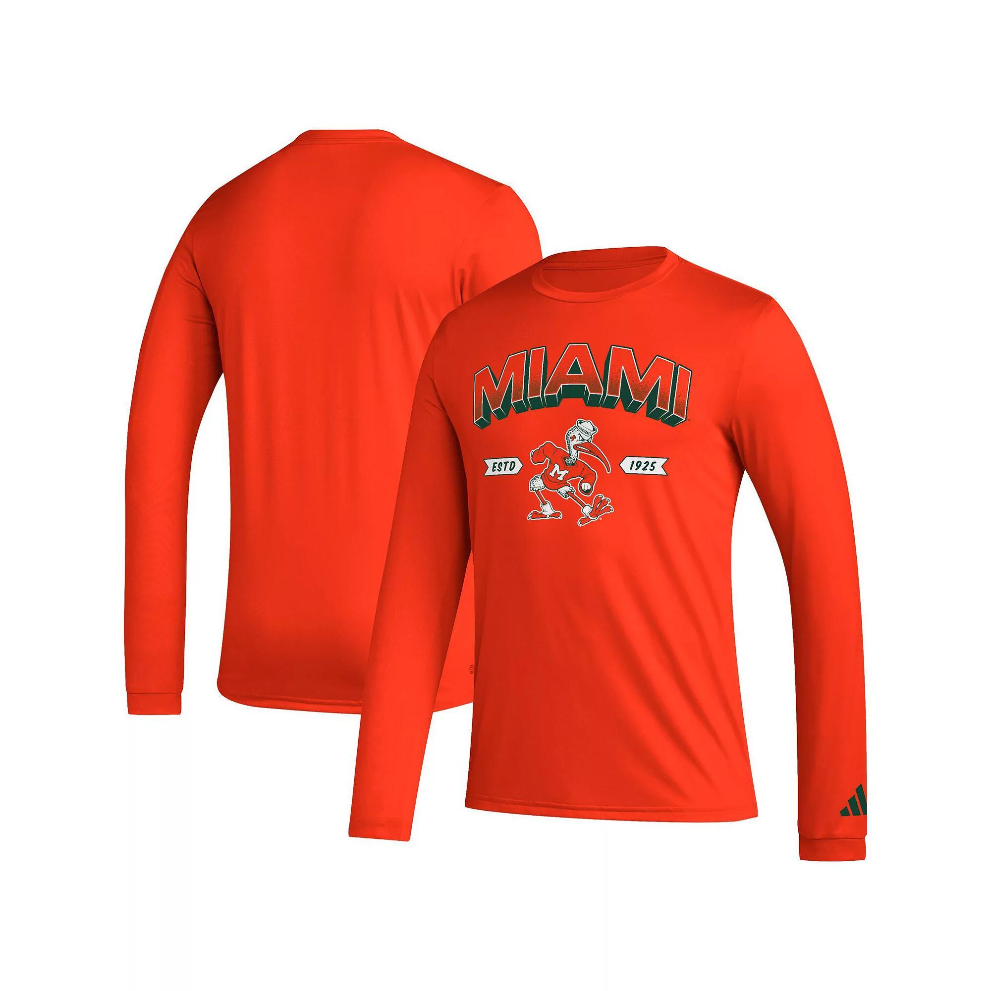 Mens adidas Miami Hurricanes Mighty Mascot Pregame Long Sleeve T-Shirt Product Image