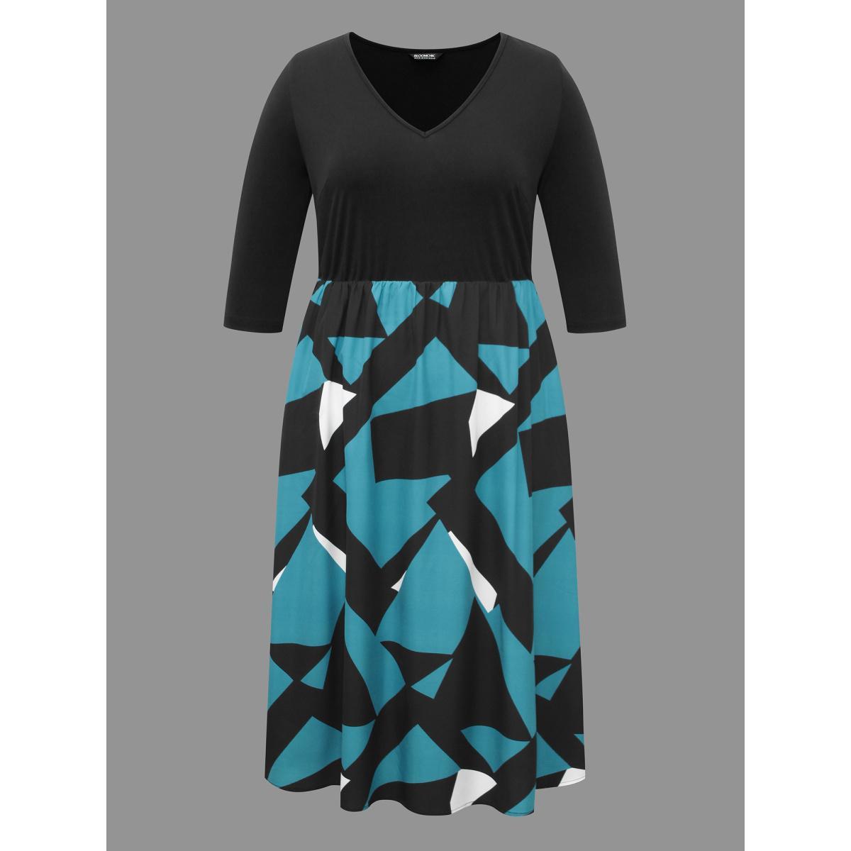 Plus Size V-Neck Geometric Color Contrast Dress Black Women At the Office Patchwork V-neck Elbow-length sleeve Curvy BloomChic 28/5X Product Image