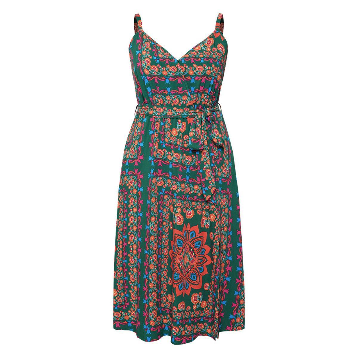 Plus Size Boho Print Belted Split Hem Pocket Cami Dress DarkGreen Women Vacation Gathered V-neck Sleeveless Curvy Midi Dress BloomChic 30/6X Product Image