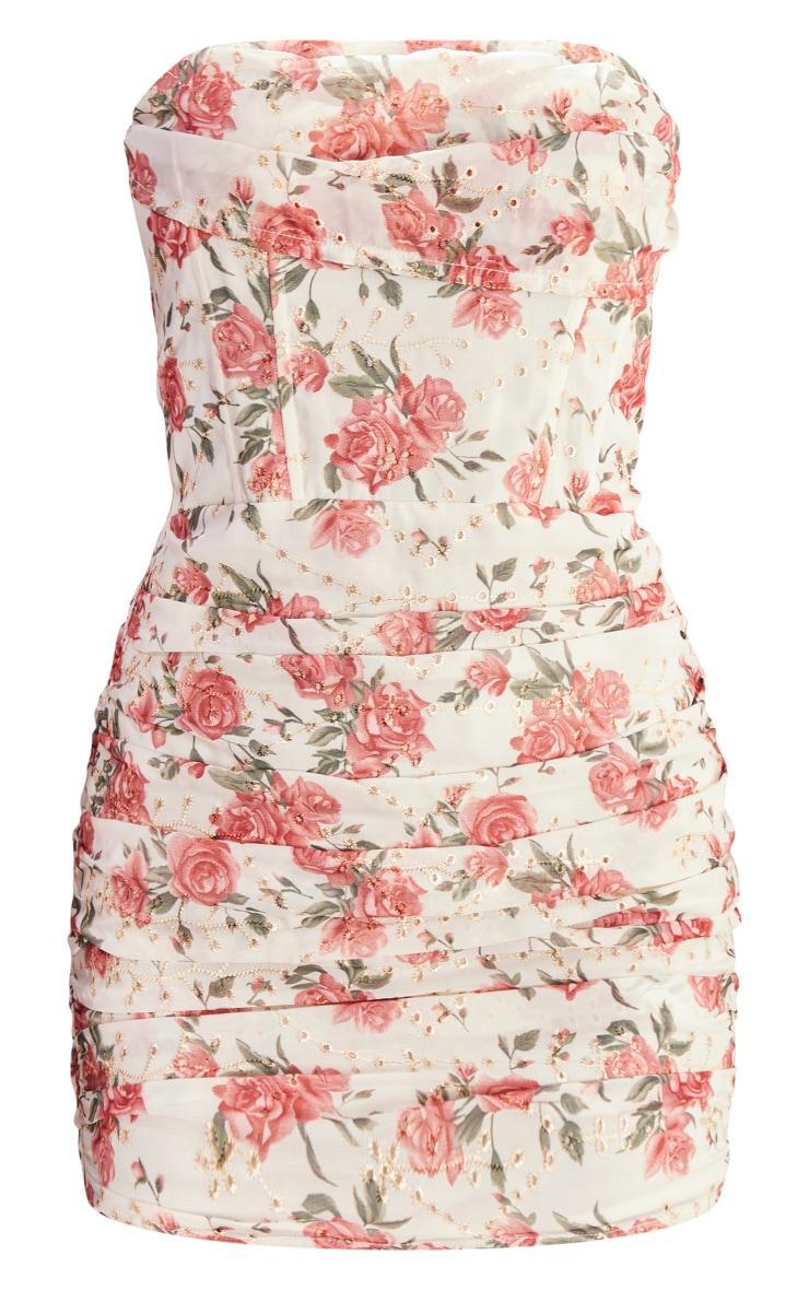 Cream Floral Embroidered Bandeau Ruched Bodycon Dress Product Image
