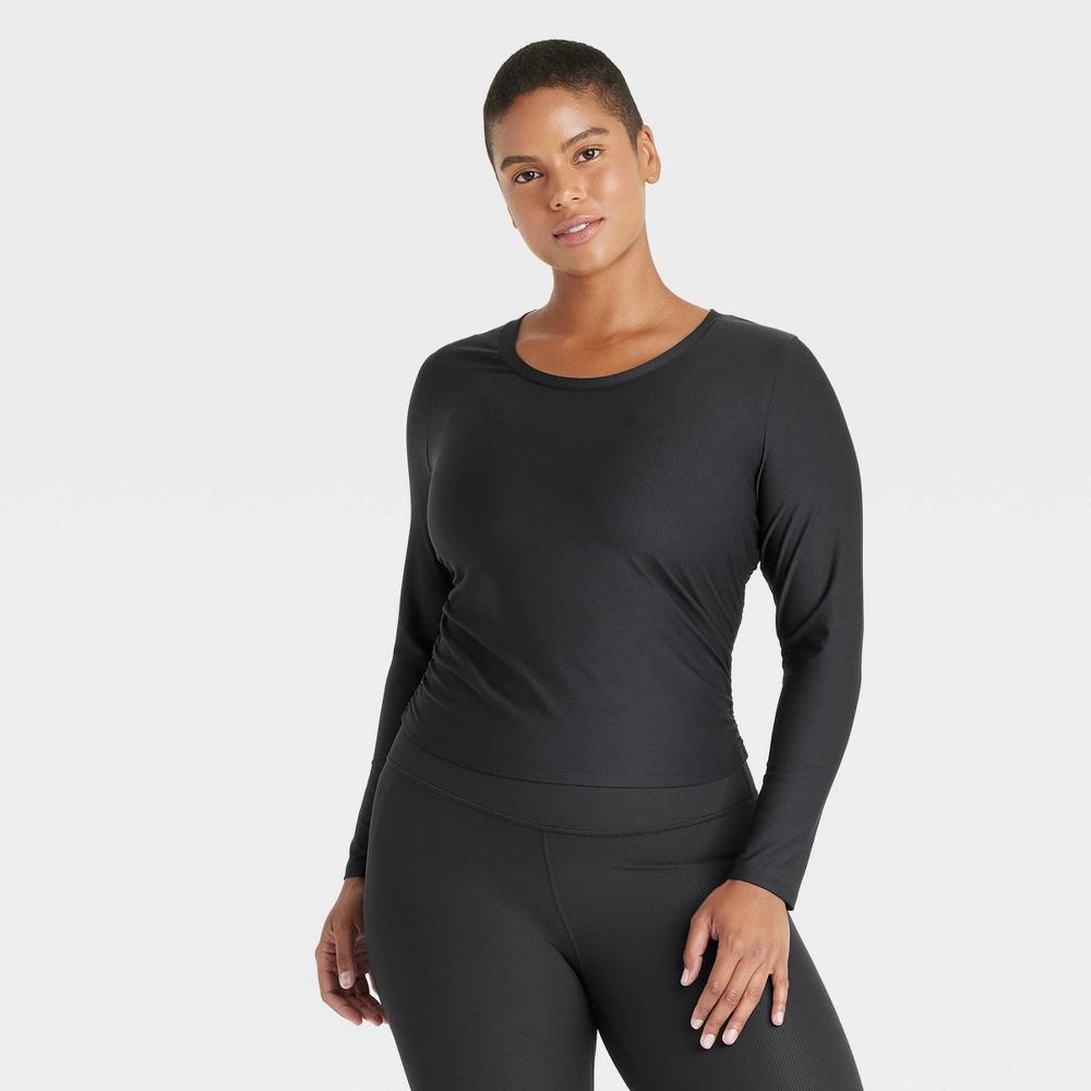 Womens Ribbed Side-Cinch Long Sleeve Top - All In Motion Black L: Moisture Wicking, Quick Drying, Slim Fit Product Image